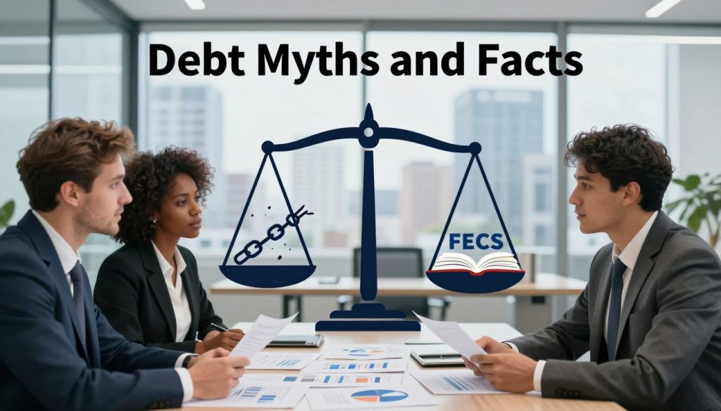 A captivating visual representing the concept of "Debt Myths and Facts." In the foreground, a diverse group of three professionals (one Caucasian man, one Black woman, and one Hispanic man) dressed in smart business attire, engaged in a focused discussion over a table filled with papers and charts showing debt statistics. In the middle, a large balance scale symbolizes the weighing of myths versus facts, with myth symbols (e.g., broken chains) and fact symbols (e.g., open books) on either side. In the background, a softly lit modern office setting with glass windows overlooking a cityscape, conveying a mood of enlightenment and understanding. Soft diffused lighting enhances the atmosphere, creating a sense of clarity and professionalism.